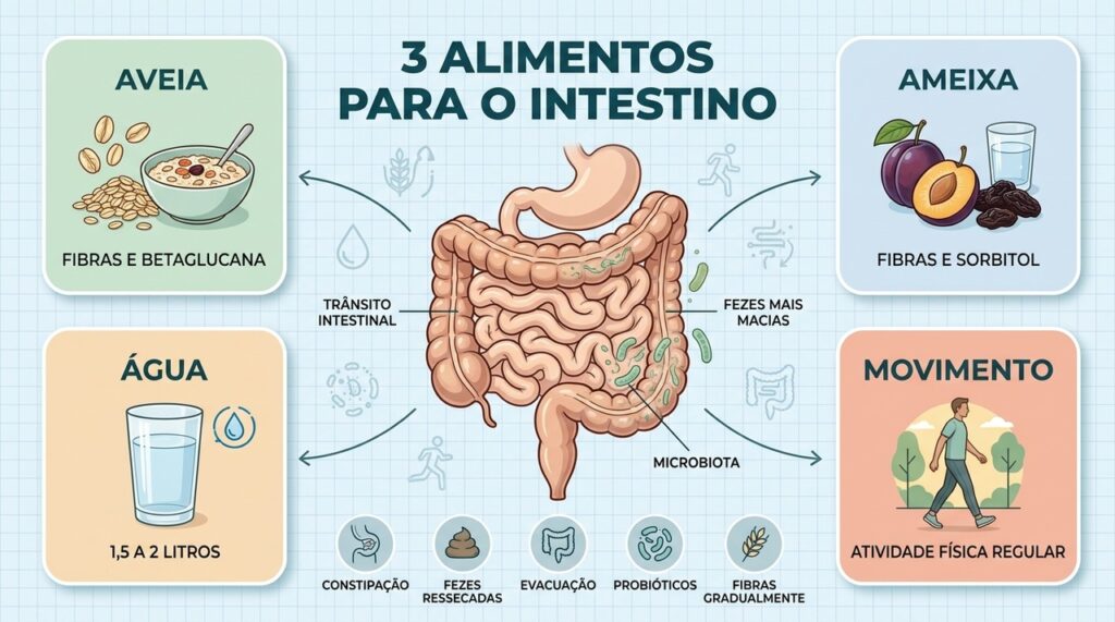 Fibras, ameixa, água e atividade física trabalham juntas pela regularidade intestinal.