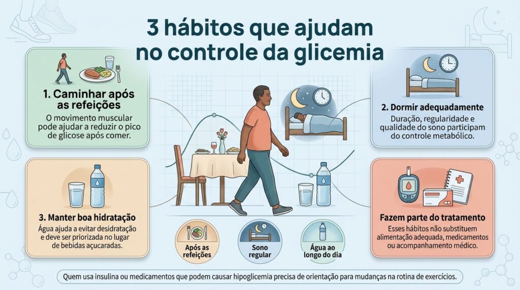 Três hábitos simples podem apoiar o controle da glicemia, mas não substituem o tratamento indicado para o diabetes tipo 2.