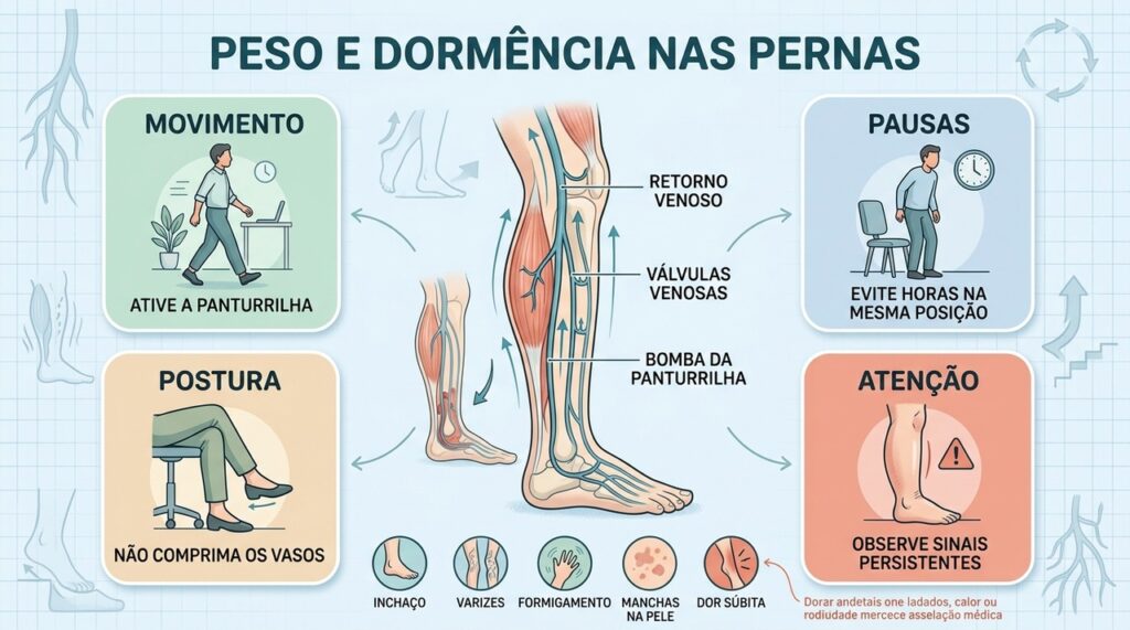 Movimento, pausas e postura adequada favorecem o retorno venoso das pernas.