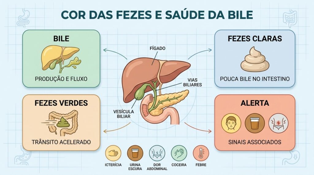 Cor das fezes, icterícia e urina escura ajudam a identificar alterações biliares importantes.