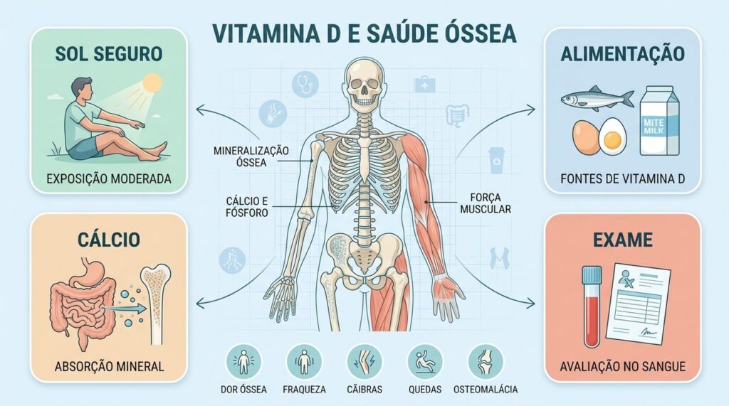 Vitamina D, cálcio, exposição solar e avaliação clínica sustentam a saúde óssea e muscular.