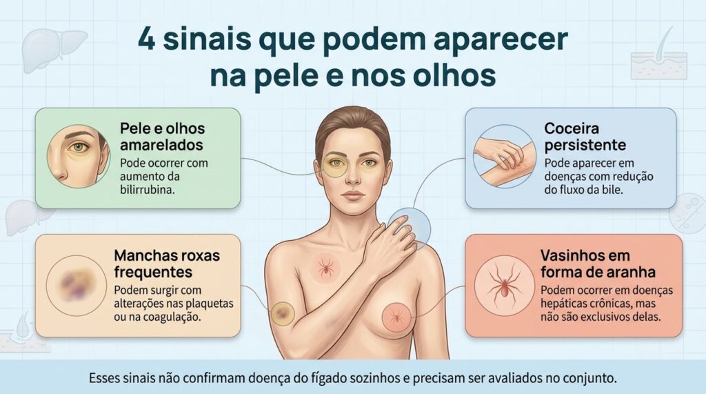 Alguns sinais visíveis podem estar relacionados ao fígado, mas também podem ter outras causas.
