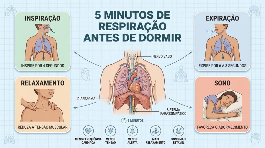 Respiração lenta combina diafragma, expiração prolongada e relaxamento para preparar o corpo ao sono.