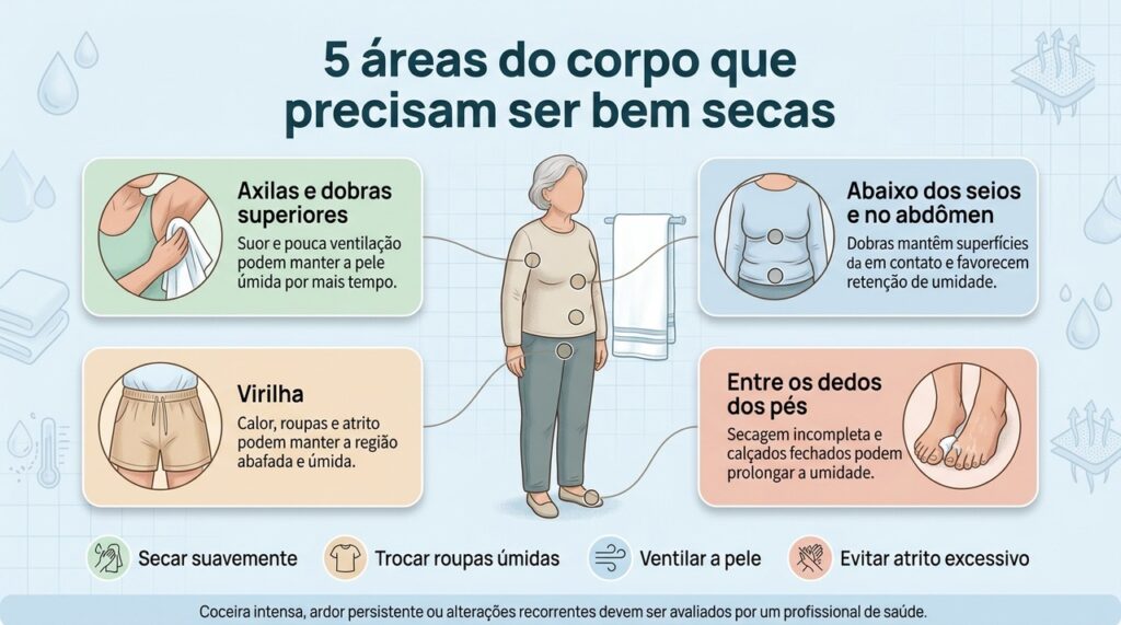 Uma secagem cuidadosa das áreas de dobra ajuda a proteger a pele contra irritação causada por umidade e atrito.