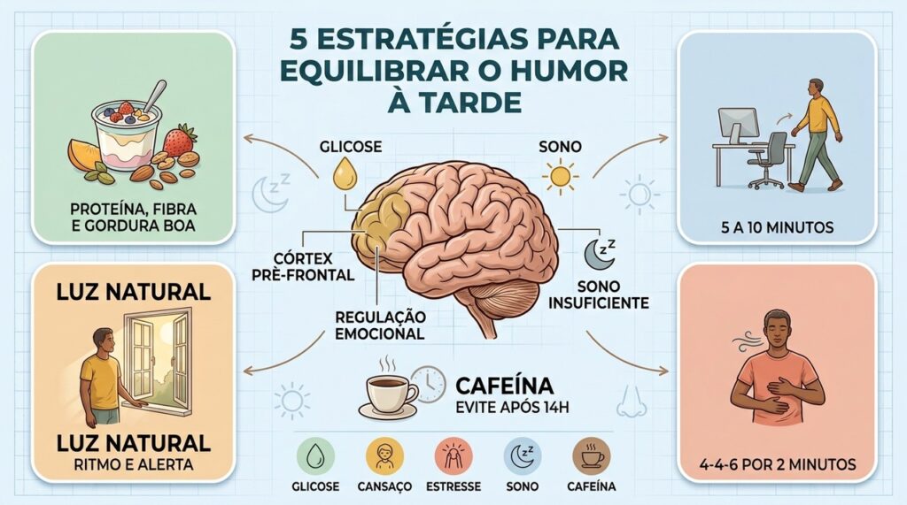 Lanche equilibrado, pausas, luz natural, respiração e menos cafeína ajudam a regular o humor.