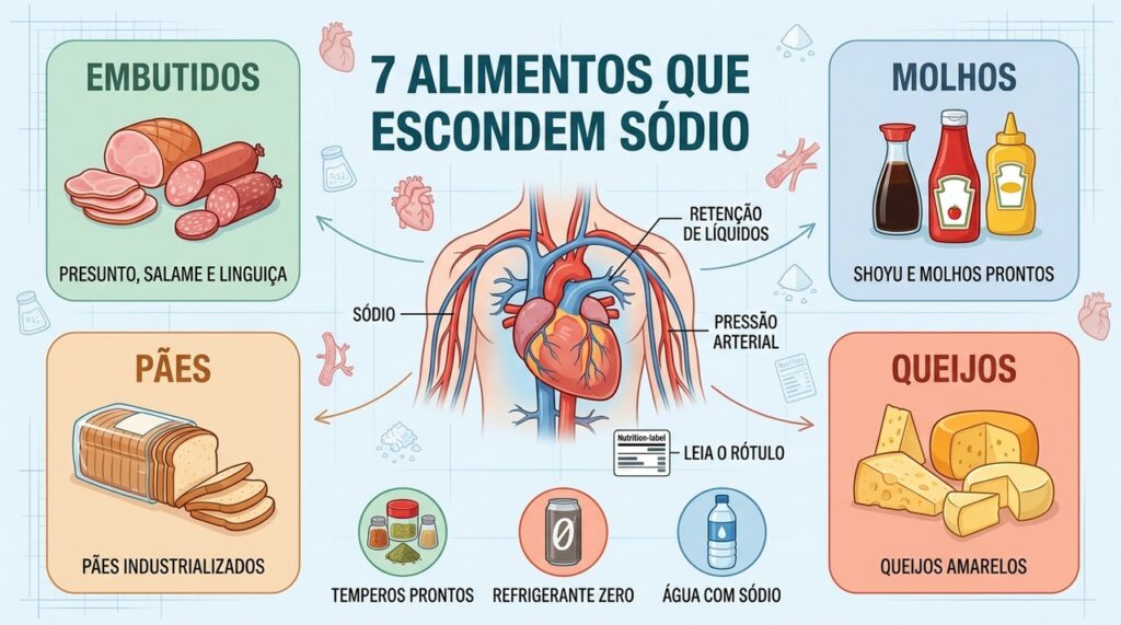 Embutidos, molhos, pães e queijos estão entre os alimentos ricos em sódio.