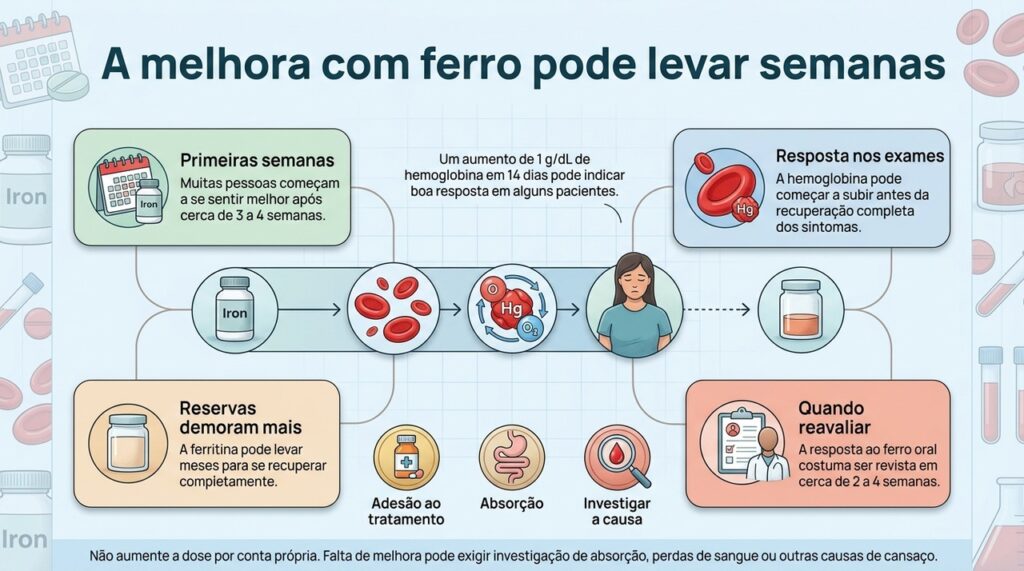 Sintomas, hemoglobina e reservas de ferro podem melhorar em ritmos diferentes durante o tratamento.