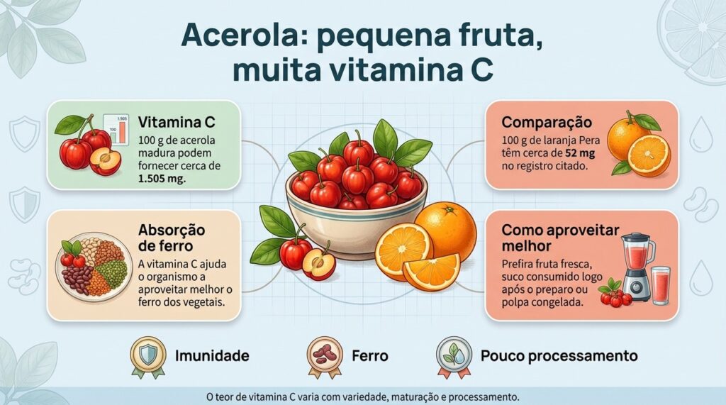 Acerola fornece muita vitamina C e pode ajudar no aproveitamento do ferro quando incluída em uma alimentação equilibrada.
