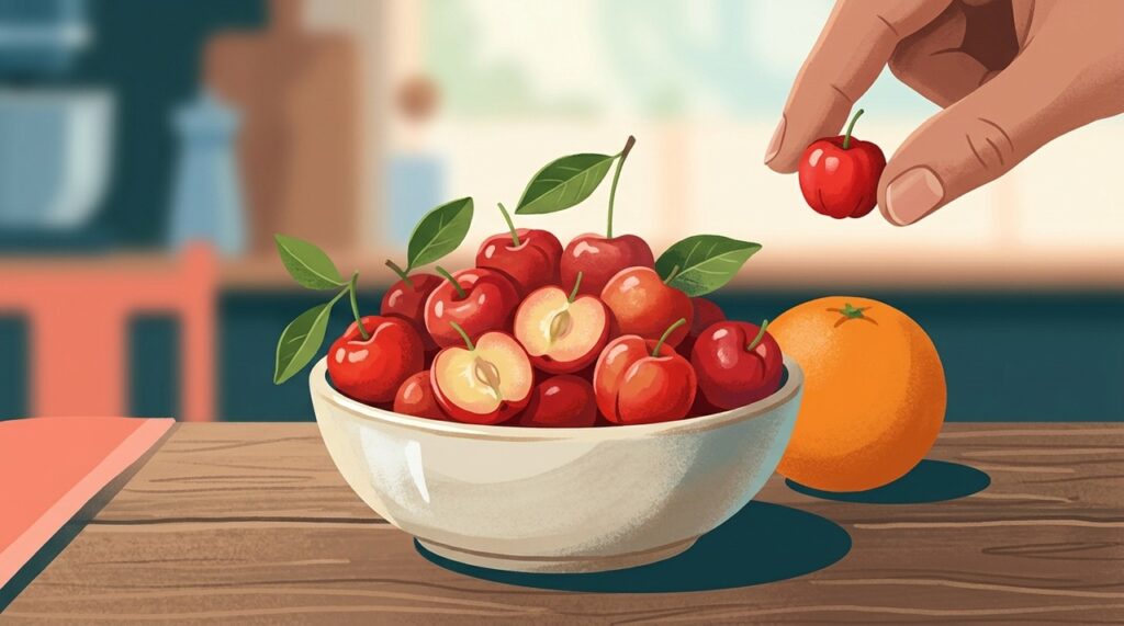 Consumir acerola perto das refeições pode favorecer a absorção do ferro presente nos alimentos vegetais.