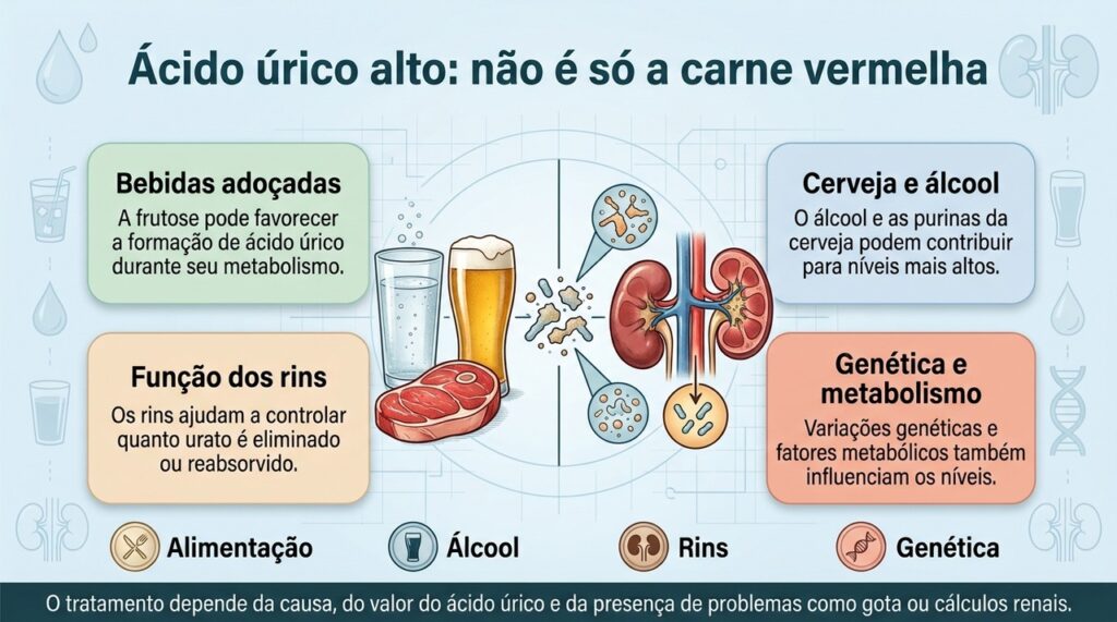 Alimentação, álcool, função renal e genética podem atuar juntos na elevação do ácido úrico.
