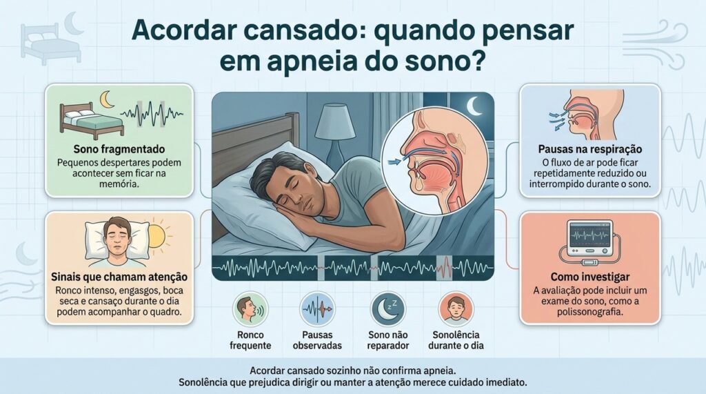 Ronco, pausas respiratórias e sonolência durante o dia ajudam a orientar a investigação quando o sono não parece reparador.