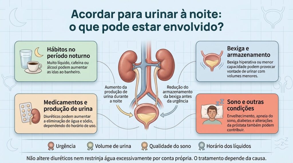 Infográfico mostra rins e bexiga com fatores ligados às idas ao banheiro durante a noite, como líquidos, diuréticos, sono e capacidade da bexiga.