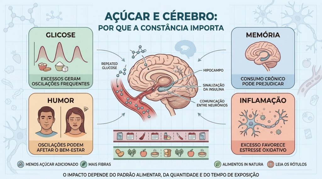 Oscilações de glicose, memória, humor e inflamação ajudam a explicar o impacto do excesso frequente de açúcar.