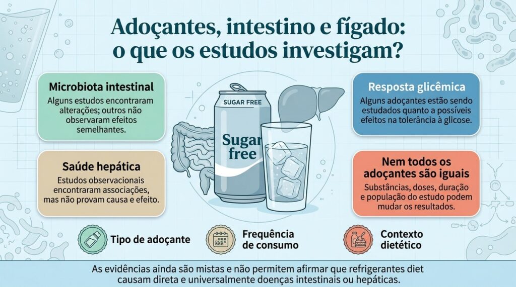 As pesquisas atuais levantam hipóteses sobre adoçantes, microbiota e metabolismo, mas ainda não estabelecem efeitos universais nem relação direta de causa e efeito.