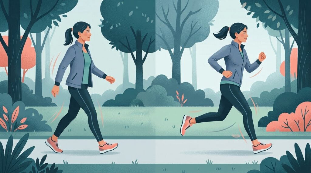 A corrida concentra mais esforço em menos tempo, enquanto a caminhada costuma ser mais fácil de sustentar por períodos maiores.
