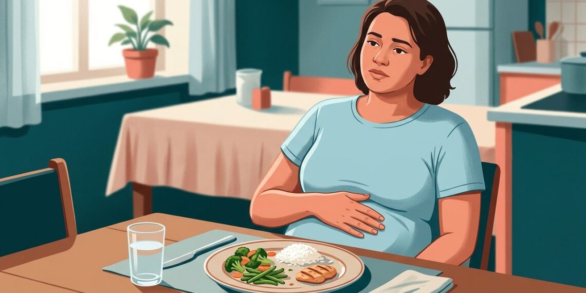 Ilustração de pessoa à mesa com uma pequena refeição e a mão sobre a parte superior da barriga, representando empachamento após comer pouco.