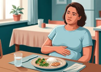 Ilustração de pessoa à mesa com uma pequena refeição e a mão sobre a parte superior da barriga, representando empachamento após comer pouco.