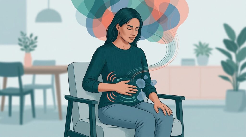 Ilustração mostra uma pessoa com desconforto abdominal leve após uma refeição, com sinais visuais de cólica, inchaço e mudança do ritmo intestinal associados a um período de tensão emocional.