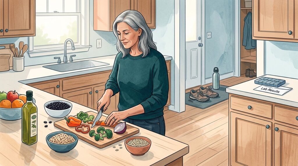 Alimentação equilibrada, atividade física e acompanhamento médico fazem parte do controle do colesterol e de outros fatores de risco.