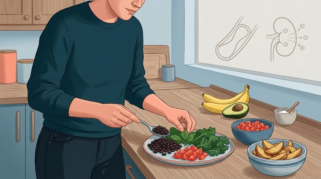 Frutas, feijões, verduras e tubérculos ajudam a aumentar o potássio da dieta sem depender de um único alimento.