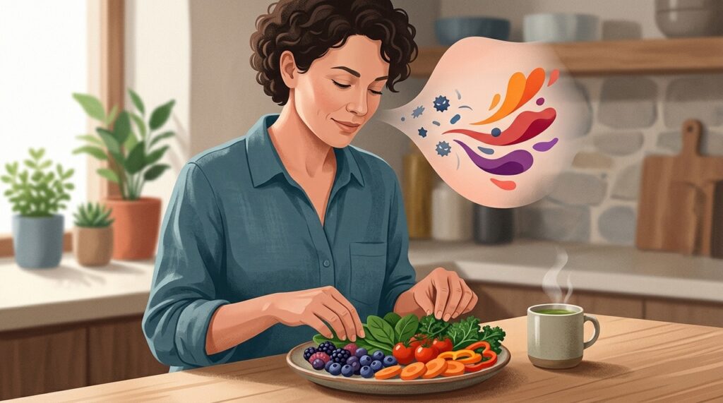 Uma alimentação variada e rica em vegetais coloridos pode contribuir para a saúde da pele, mas não substitui a fotoproteção.