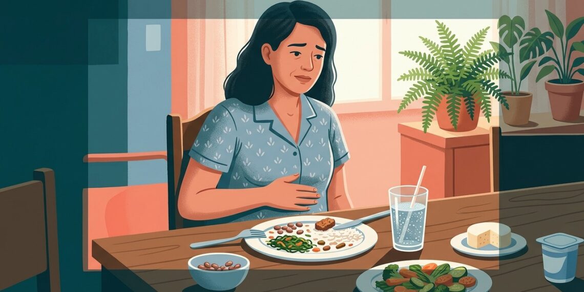Ilustração de pessoa à mesa com a mão sobre a barriga após uma refeição variada, representando estufamento abdominal.