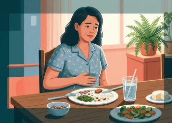 Ilustração de pessoa à mesa com a mão sobre a barriga após uma refeição variada, representando estufamento abdominal.