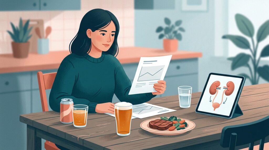 O ácido úrico pode subir por uma combinação de alimentação, álcool, função dos rins e predisposição individual.