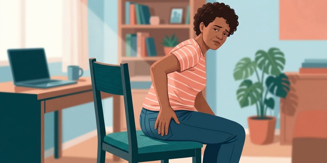 Ilustração de pessoa sentada apoiando a mão em um dos glúteos por desconforto profundo na região.
