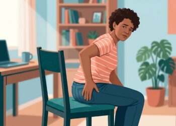 Ilustração de pessoa sentada apoiando a mão em um dos glúteos por desconforto profundo na região.