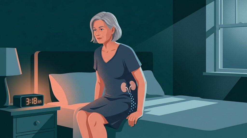 Ilustração conceitual mostra uma pessoa mais velha dormindo enquanto os rins aparecem associados a um sinal hormonal noturno menos intenso e à produção de maior volume de urina durante a madrugada.