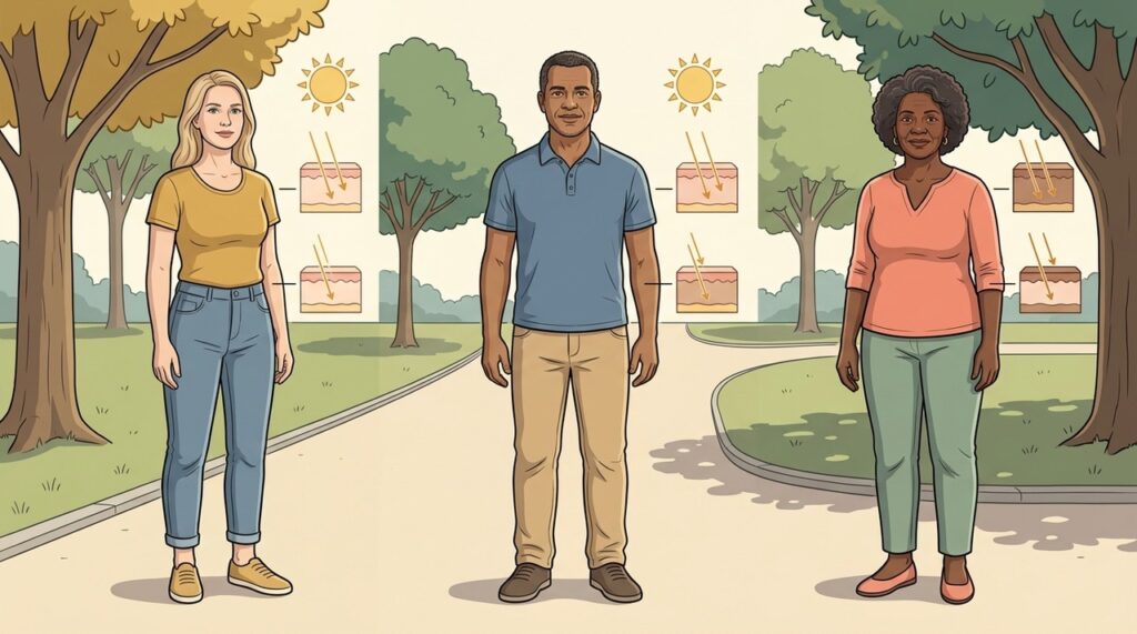 O tempo necessário de sol varia conforme pele, idade e condições ambientais.