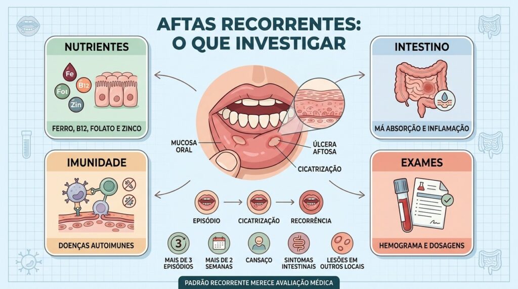Nutrientes, intestino, imunidade e exames ajudam a investigar aftas recorrentes.