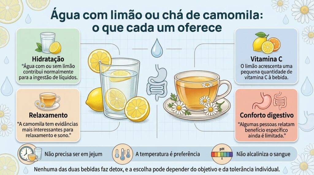 A água com limão se destaca pela hidratação, enquanto a camomila pode favorecer relaxamento e conforto digestivo em algumas pessoas.