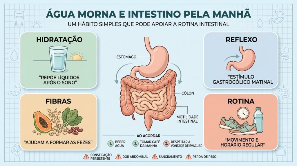 Hidratação, fibras, movimento e rotina atuam juntos no funcionamento intestinal saudável.