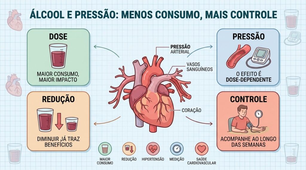 O impacto do álcool na pressão aumenta com o consumo e melhora ao reduzir.