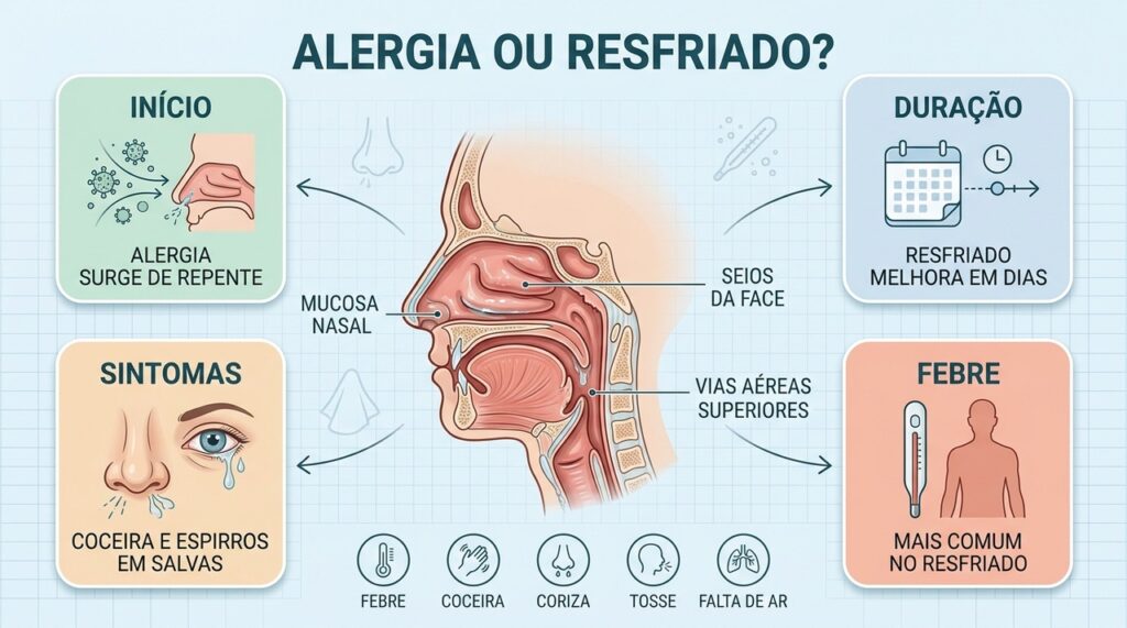 Início, duração, febre e coceira ajudam a separar alergia respiratória de resfriado.
