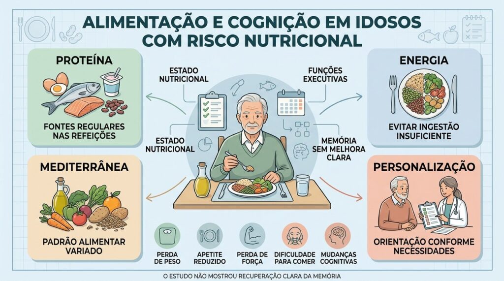 Proteína, energia adequada, padrão mediterrâneo e personalização sustentaram a intervenção nutricional.