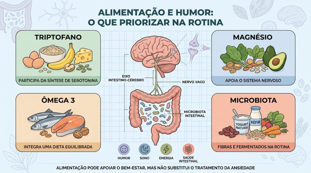 Triptofano, magnésio, ômega 3 e microbiota integram uma rotina alimentar mais equilibrada.