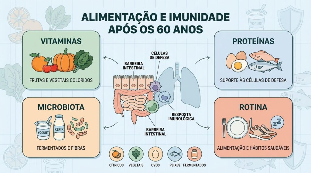 Vitaminas, proteínas, fibras e fermentados ajudam a sustentar as defesas do organismo.