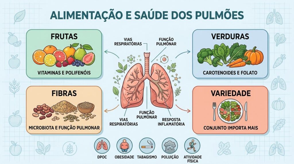 Frutas, verduras, fibras e variedade formam a base alimentar associada à saúde pulmonar.