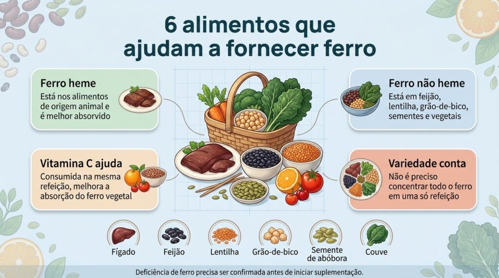 Fontes de ferro podem ser distribuídas ao longo da semana e combinadas com vitamina C para melhorar o aproveitamento do ferro vegetal.