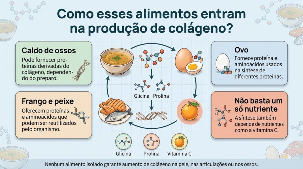 Diferentes alimentos fornecem proteínas, aminoácidos e nutrientes que participam da síntese normal de colágeno.