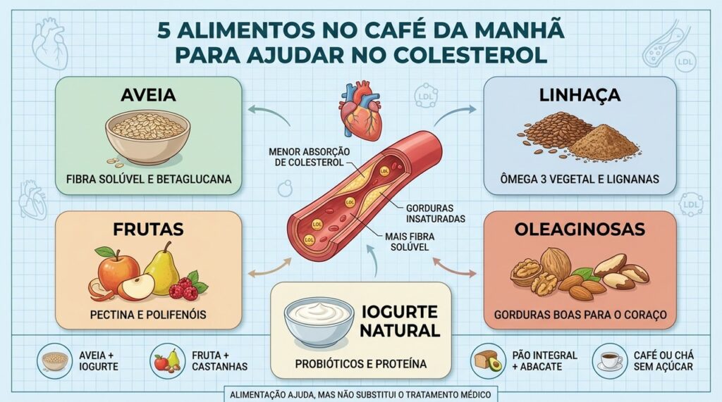 Aveia, linhaça, frutas, oleaginosas e iogurte combinam fibras, gorduras boas e probióticos.