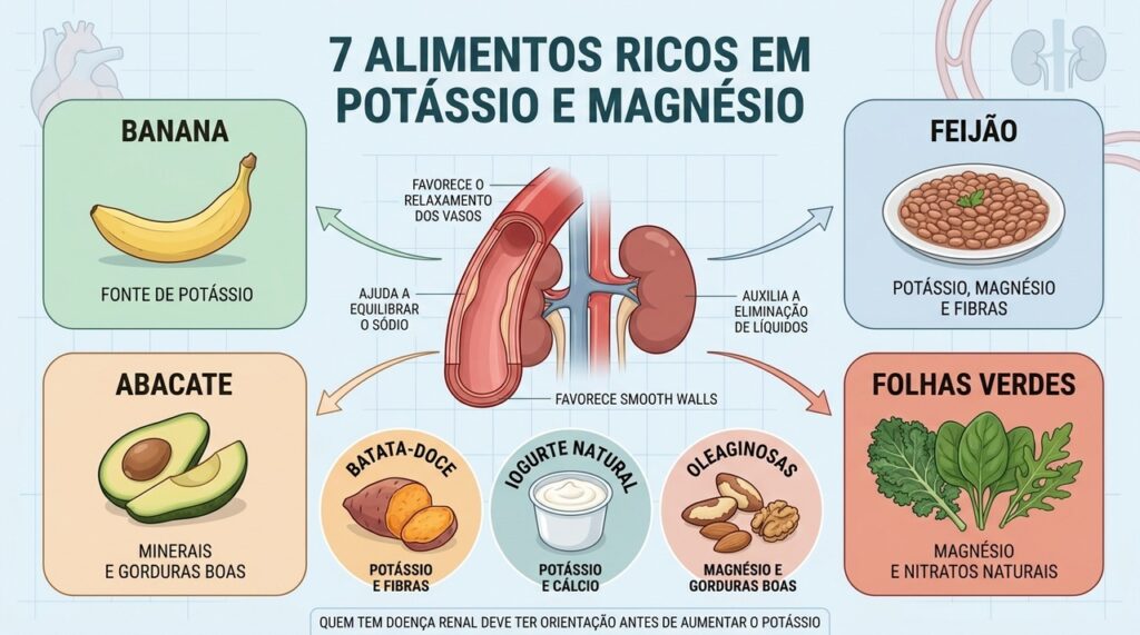 Sete alimentos fornecem potássio e magnésio para apoiar vasos, rins e pressão arterial.