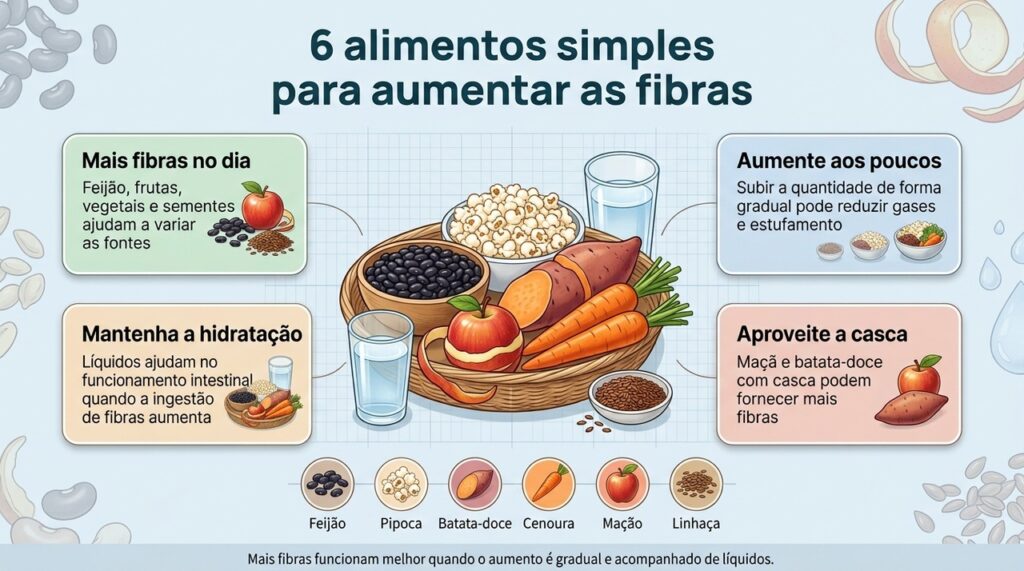 Aumentar as fibras aos poucos e manter boa ingestão de líquidos ajuda a reduzir desconfortos intestinais.