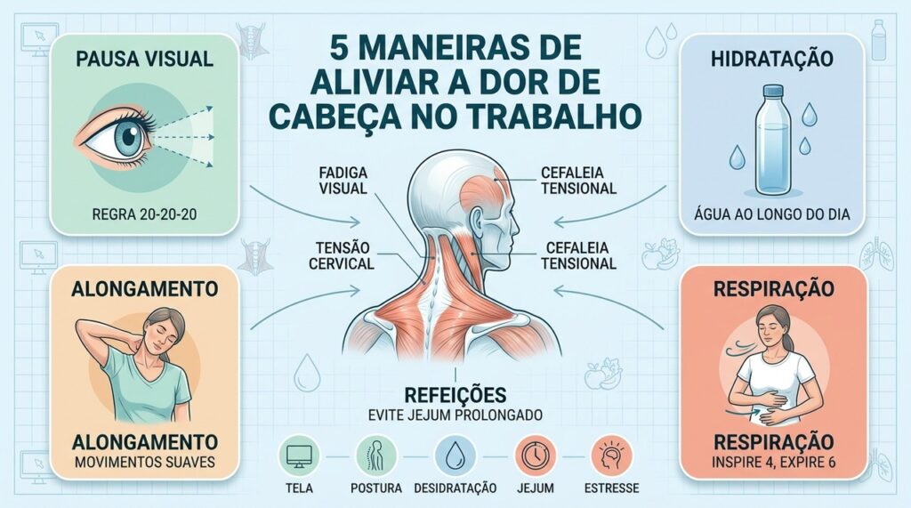 Pausas visuais, hidratação, alongamentos, refeições regulares e respiração ajudam a prevenir a cefaleia tensional.