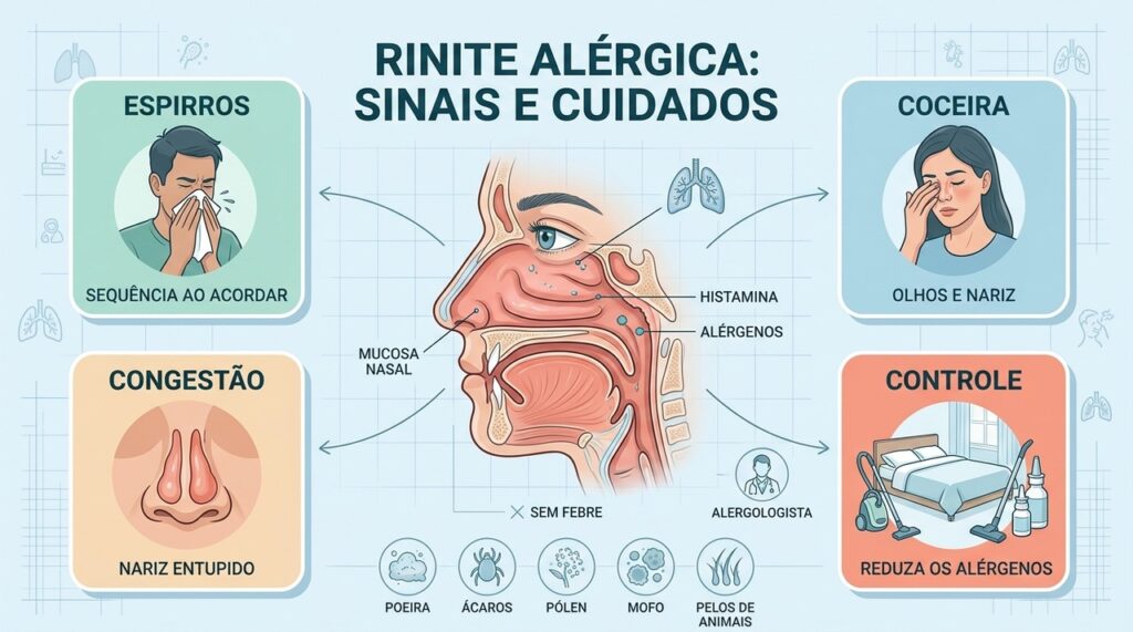 Espirros, coceira, congestão e controle ambiental ajudam a reconhecer e manejar a rinite alérgica.