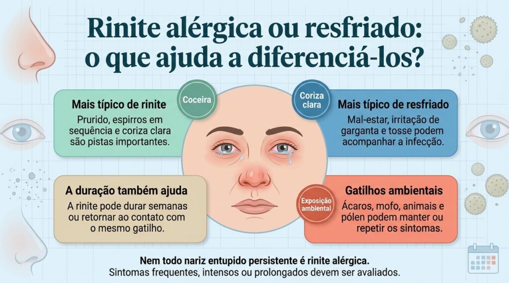 O conjunto de sintomas, a duração e a relação com gatilhos ambientais ajudam a diferenciar rinite alérgica de resfriado.
