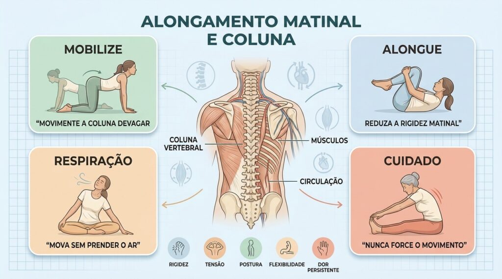 Mobilização, alongamento, respiração e cautela ajudam a preparar a coluna para o dia.